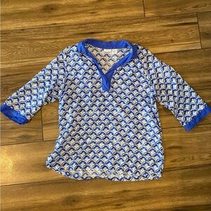 Sigurd Olsen 100% Linen Blue and White Patterned Blouse XL